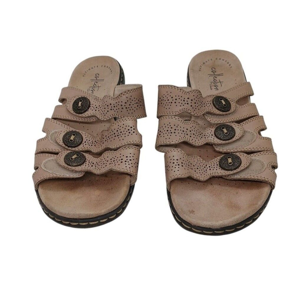Clarks Collection Sandals Leisa Grace 6.5 W Slide Tan Leather Slip On Comfort